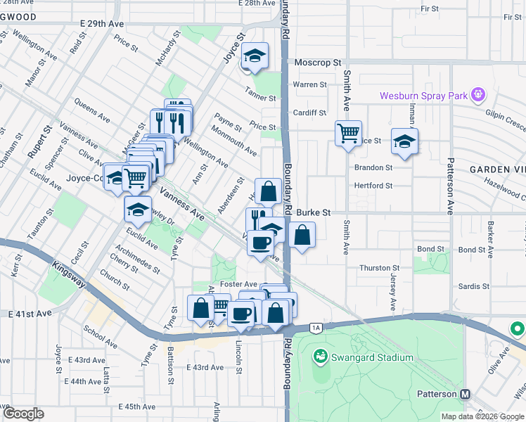 map of restaurants, bars, coffee shops, grocery stores, and more near 3643 Rae Avenue in Vancouver