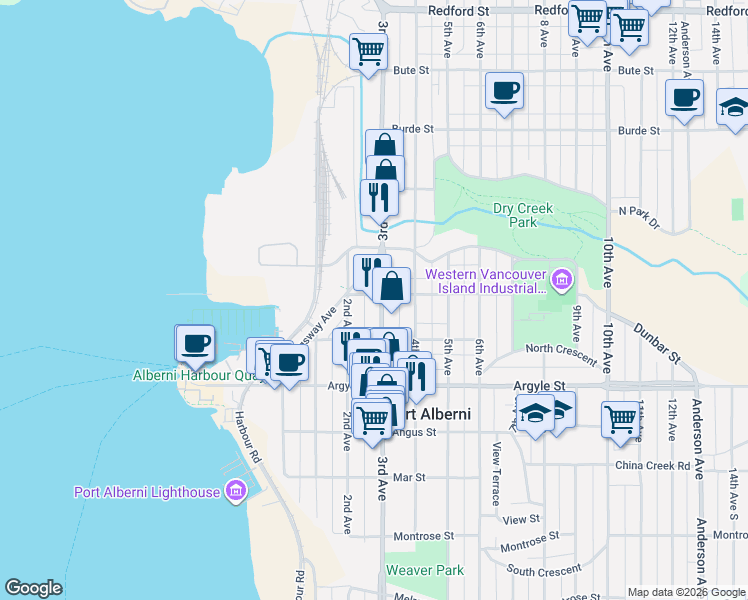 map of restaurants, bars, coffee shops, grocery stores, and more near 3296 3rd Avenue in Port Alberni