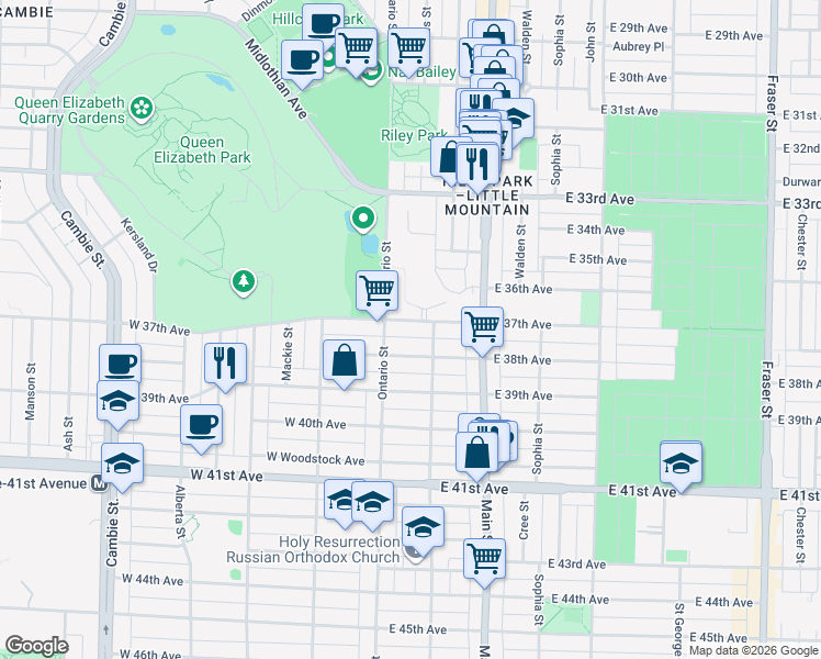 map of restaurants, bars, coffee shops, grocery stores, and more near 50 East 37th Avenue in Vancouver