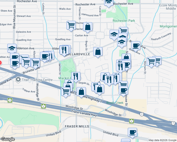 map of restaurants, bars, coffee shops, grocery stores, and more near 145 King Edward Street in Coquitlam