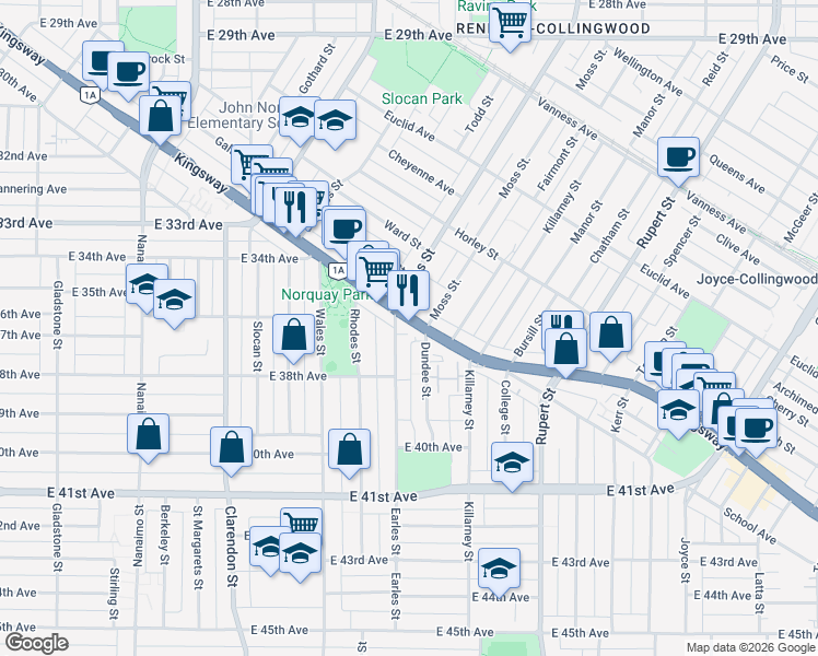 map of restaurants, bars, coffee shops, grocery stores, and more near in Vancouver
