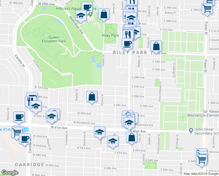 map of restaurants, bars, coffee shops, grocery stores, and more near 50 East 37th Avenue in Vancouver