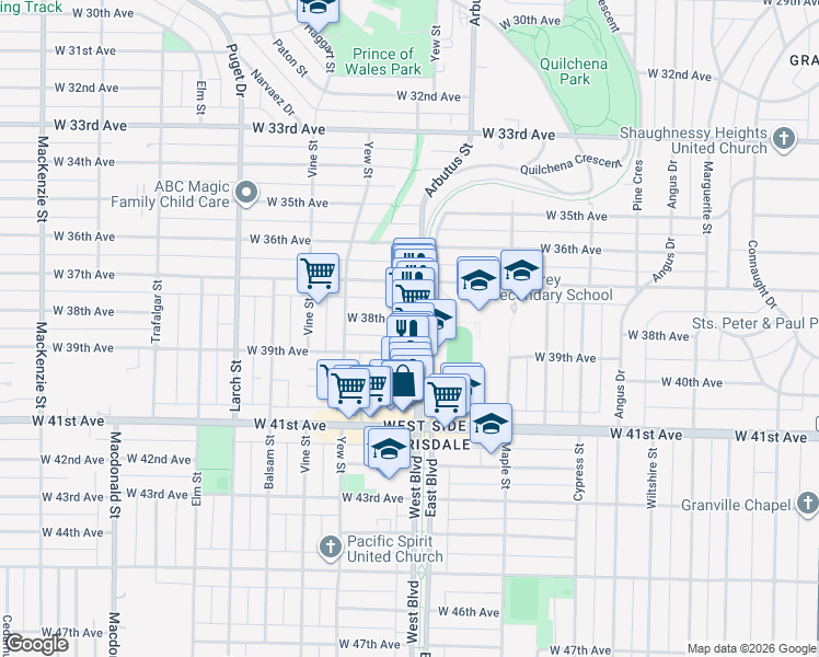 map of restaurants, bars, coffee shops, grocery stores, and more near in Vancouver