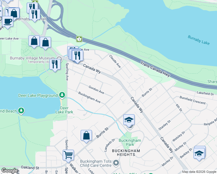 map of restaurants, bars, coffee shops, grocery stores, and more near 5561 Rugby Street in Burnaby
