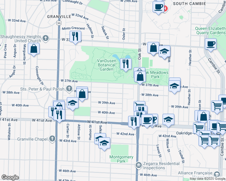 map of restaurants, bars, coffee shops, grocery stores, and more near 1163 West 38th Avenue in Vancouver