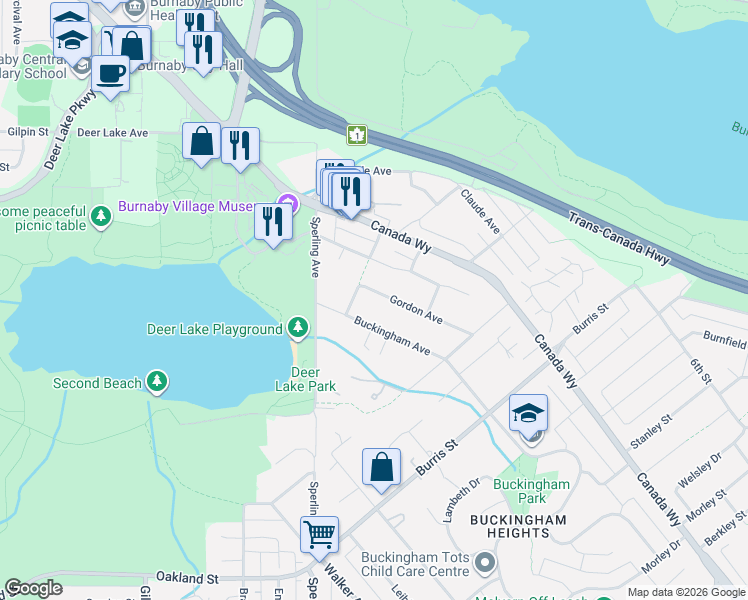 map of restaurants, bars, coffee shops, grocery stores, and more near 5375 Gordon Avenue in Burnaby