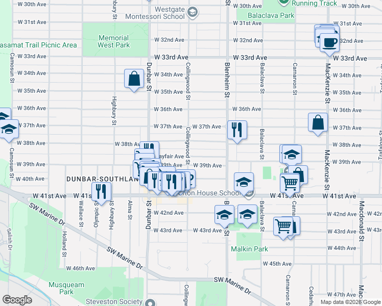 map of restaurants, bars, coffee shops, grocery stores, and more near 5480 Collingwood Street in Vancouver