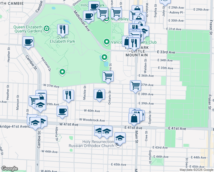 map of restaurants, bars, coffee shops, grocery stores, and more near 14 West 37th Avenue in Vancouver