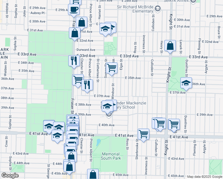 map of restaurants, bars, coffee shops, grocery stores, and more near 5285 Windsor Street in Vancouver