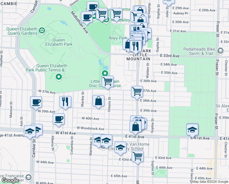 map of restaurants, bars, coffee shops, grocery stores, and more near 32 East 37th Avenue in Vancouver