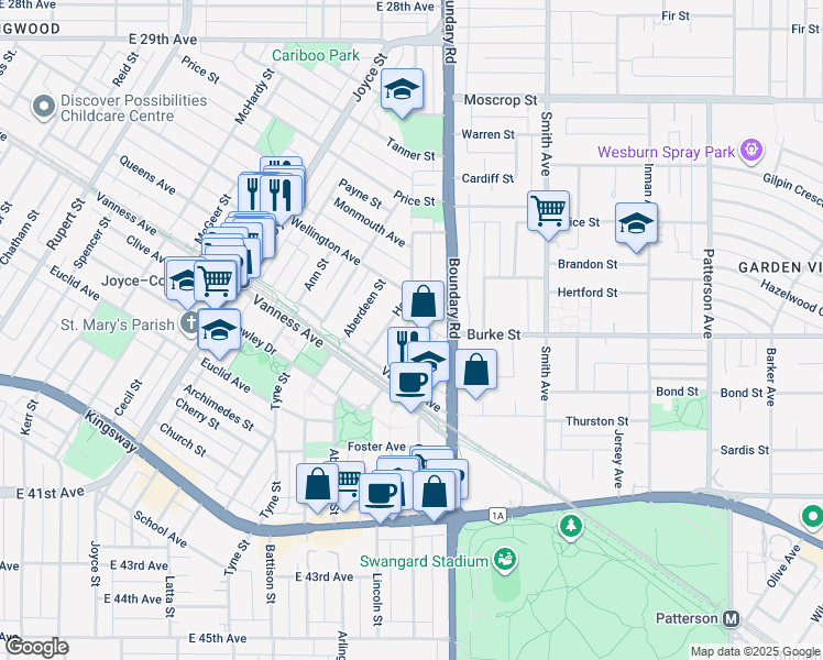 map of restaurants, bars, coffee shops, grocery stores, and more near 3623 Rae Avenue in Vancouver