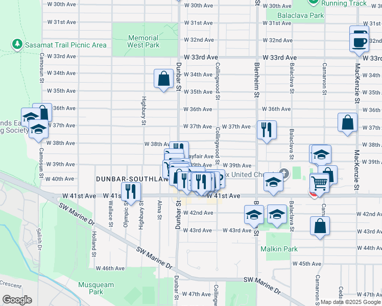 map of restaurants, bars, coffee shops, grocery stores, and more near 3569 Mayfair Avenue in Vancouver