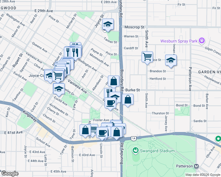 map of restaurants, bars, coffee shops, grocery stores, and more near in Vancouver