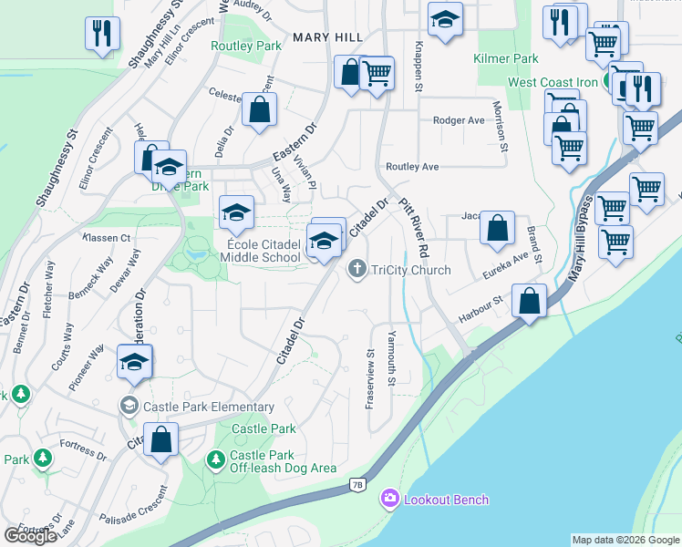 map of restaurants, bars, coffee shops, grocery stores, and more near 1280 Citadel Drive in Port Coquitlam