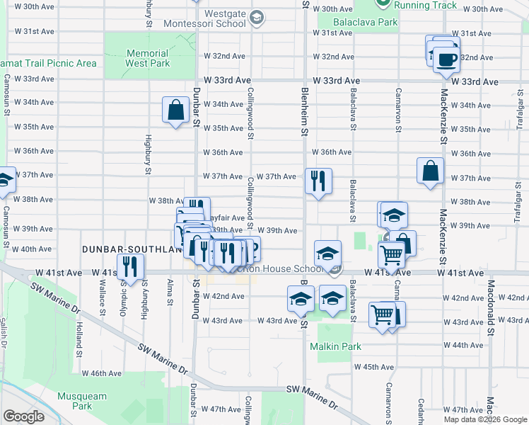 map of restaurants, bars, coffee shops, grocery stores, and more near 3449 Mayfair Avenue in Vancouver