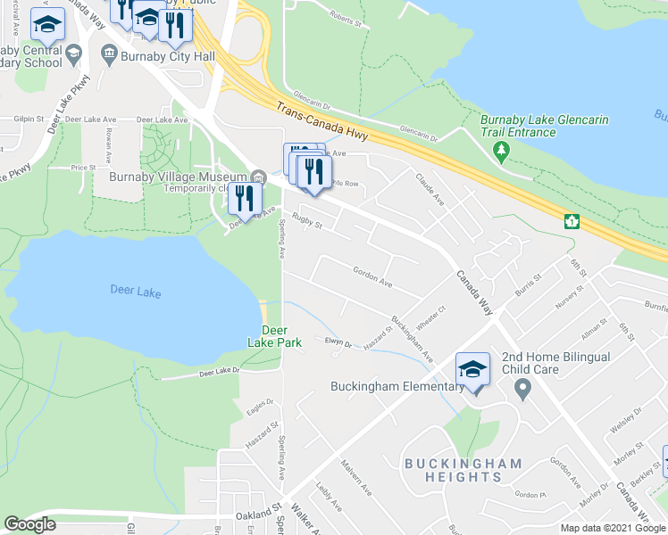 map of restaurants, bars, coffee shops, grocery stores, and more near 5375 Gordon Avenue in Burnaby