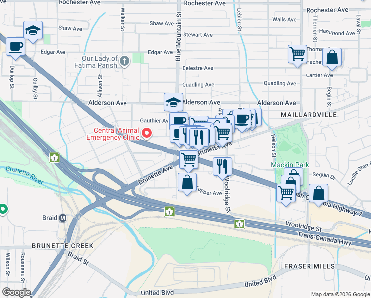 map of restaurants, bars, coffee shops, grocery stores, and more near 901 Lougheed Highway in Coquitlam