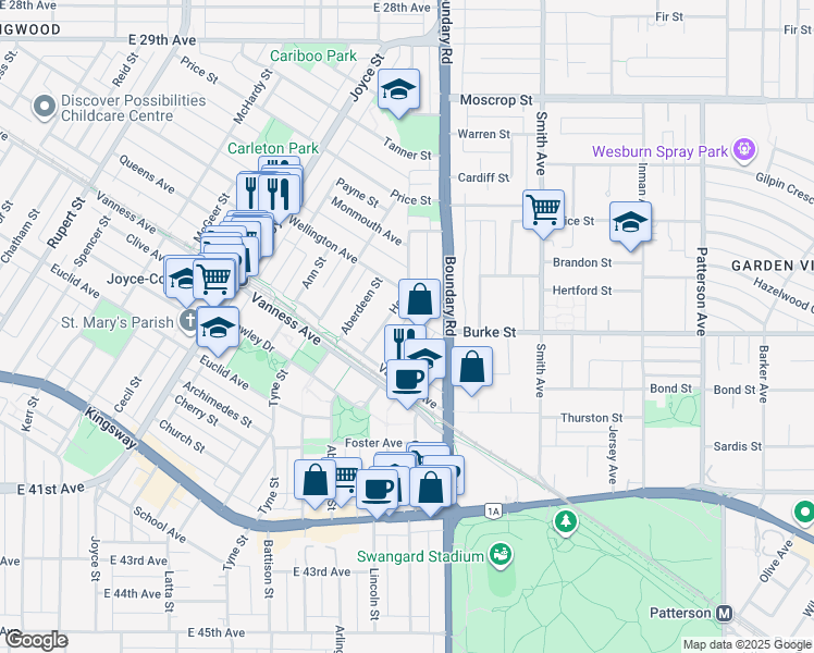 map of restaurants, bars, coffee shops, grocery stores, and more near 3619 Rae Avenue in Vancouver