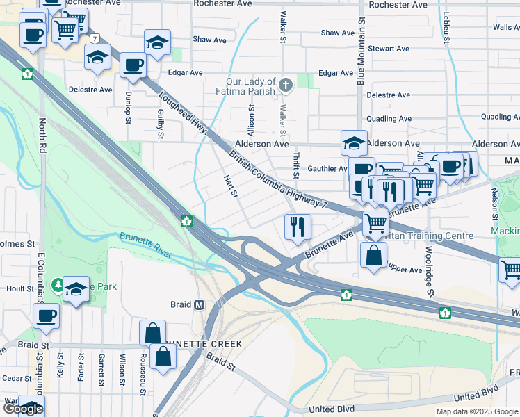 map of restaurants, bars, coffee shops, grocery stores, and more near 710 Roderick Avenue in Coquitlam