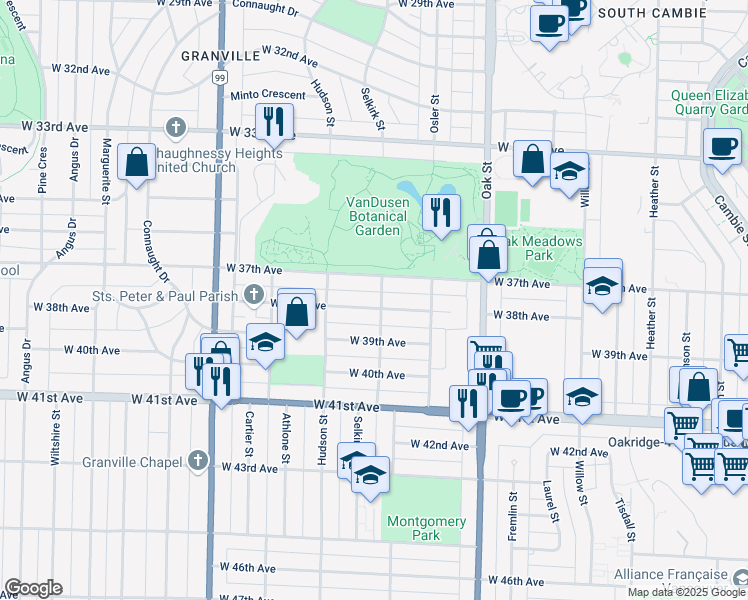map of restaurants, bars, coffee shops, grocery stores, and more near 1203 West 38th Avenue in Vancouver