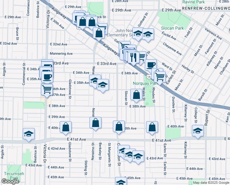map of restaurants, bars, coffee shops, grocery stores, and more near 5221 Clarendon Street in Vancouver