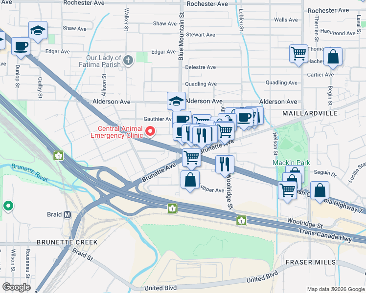 map of restaurants, bars, coffee shops, grocery stores, and more near in Coquitlam