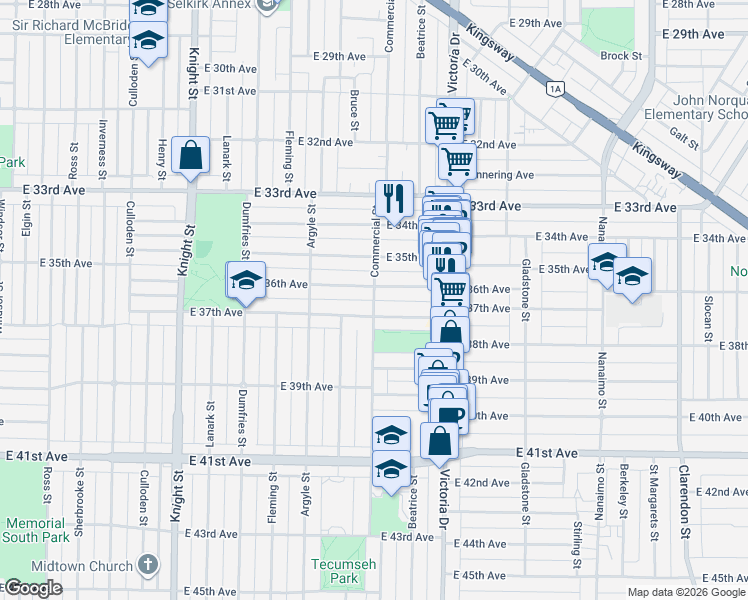 map of restaurants, bars, coffee shops, grocery stores, and more near 4585 Commercial Street in Vancouver
