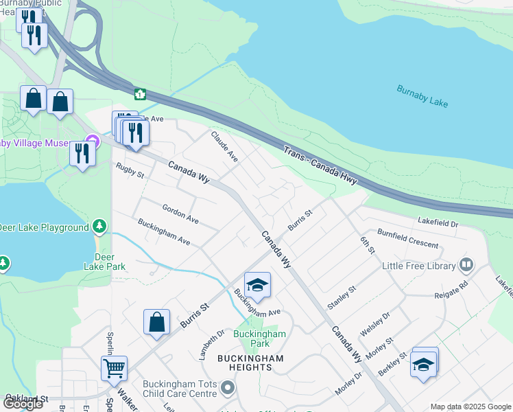 map of restaurants, bars, coffee shops, grocery stores, and more near 5857 Mayview Circle in Burnaby