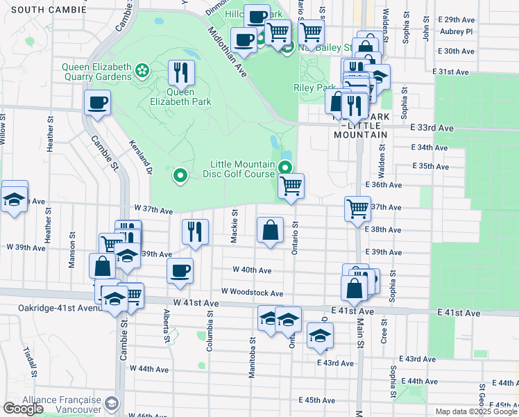 map of restaurants, bars, coffee shops, grocery stores, and more near 98 West 37th Avenue in Vancouver