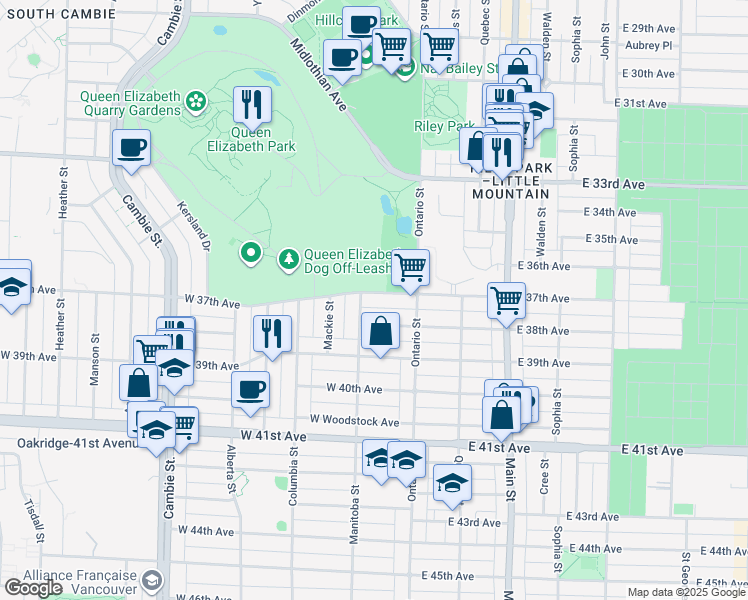 map of restaurants, bars, coffee shops, grocery stores, and more near 76 West 37th Avenue in Vancouver