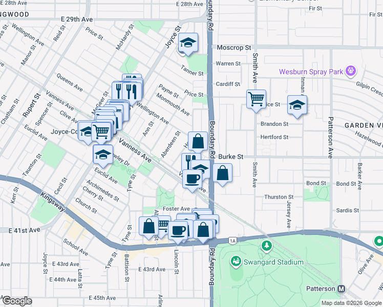 map of restaurants, bars, coffee shops, grocery stores, and more near 3609 Rae Avenue in Vancouver