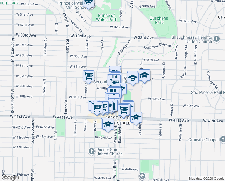 map of restaurants, bars, coffee shops, grocery stores, and more near 2102 West 38th Avenue in Vancouver