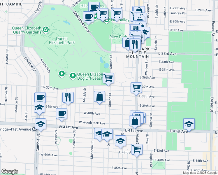 map of restaurants, bars, coffee shops, grocery stores, and more near 8 West 37th Avenue in Vancouver
