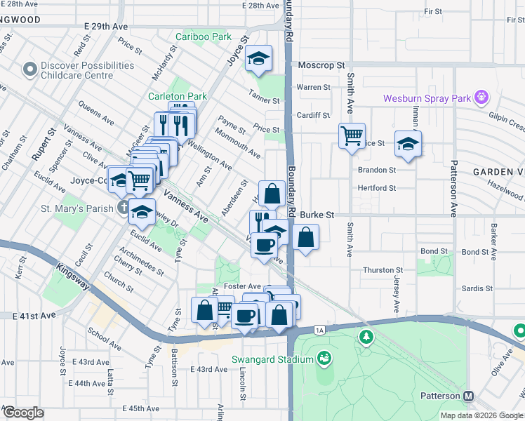 map of restaurants, bars, coffee shops, grocery stores, and more near 3605 Rae Avenue in Vancouver