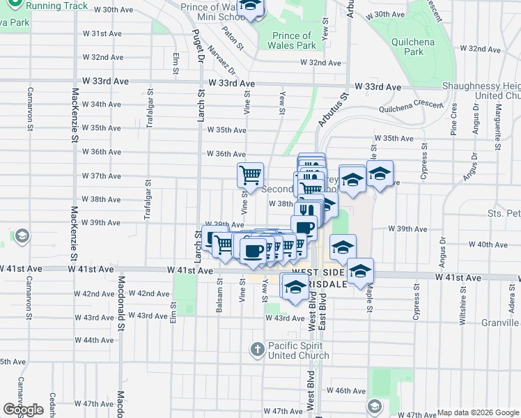 map of restaurants, bars, coffee shops, grocery stores, and more near 5425 Yew Street in Vancouver
