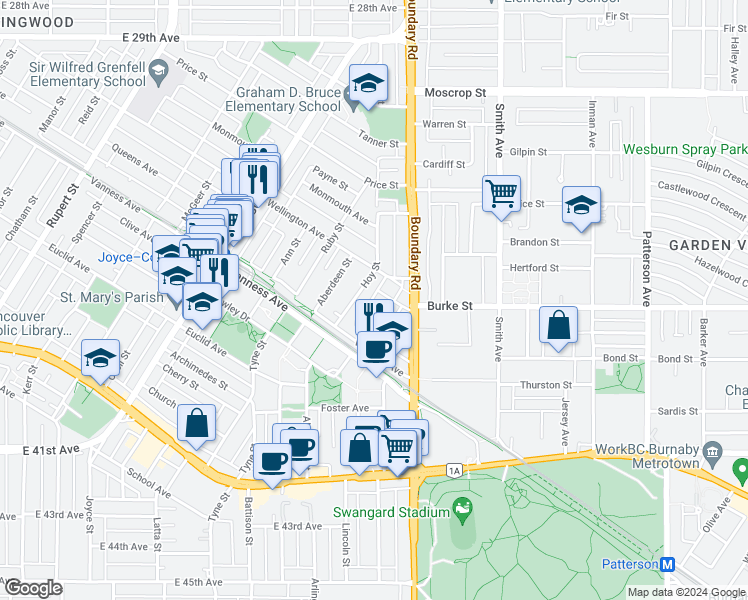 map of restaurants, bars, coffee shops, grocery stores, and more near 3615 Rae Avenue in Vancouver