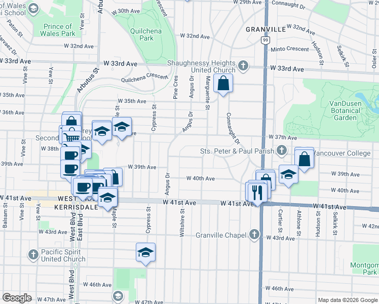 map of restaurants, bars, coffee shops, grocery stores, and more near 1749 West 38th Avenue in Vancouver