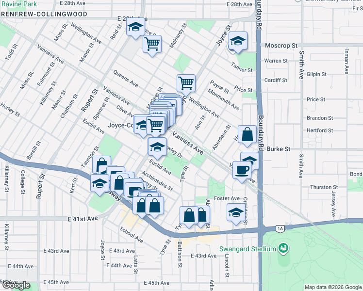 map of restaurants, bars, coffee shops, grocery stores, and more near in Vancouver