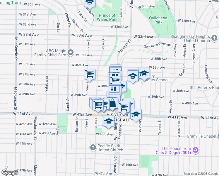 map of restaurants, bars, coffee shops, grocery stores, and more near 2108 West 38th Avenue in Vancouver