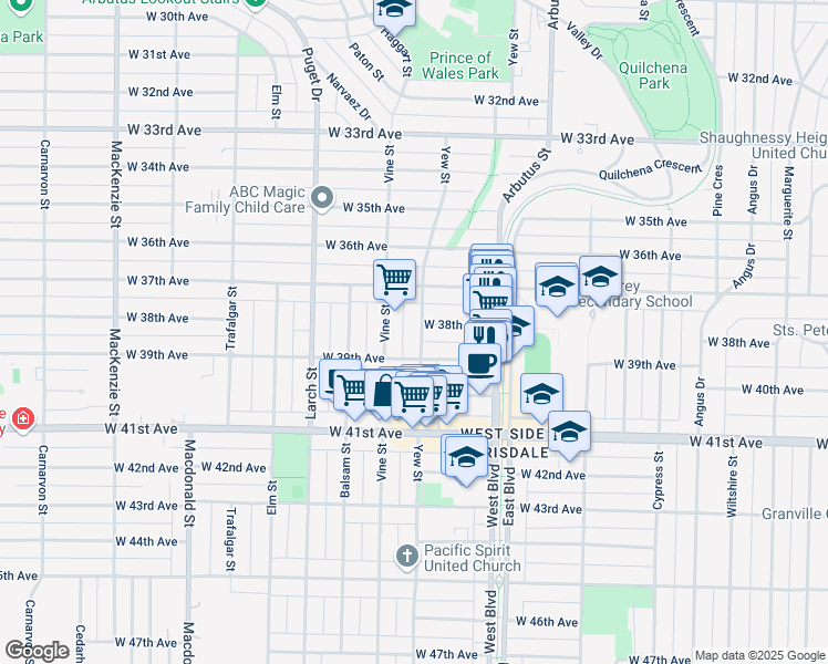 map of restaurants, bars, coffee shops, grocery stores, and more near 5425 Yew Street in Vancouver