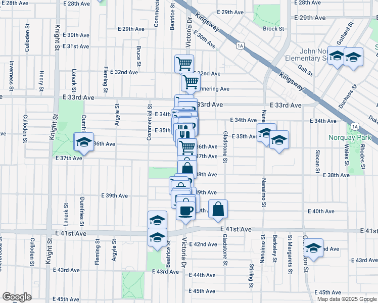map of restaurants, bars, coffee shops, grocery stores, and more near 5108 Victoria Drive in Vancouver