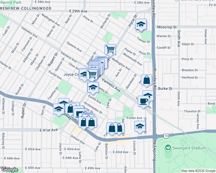 map of restaurants, bars, coffee shops, grocery stores, and more near 5189 Gaston Street in Vancouver