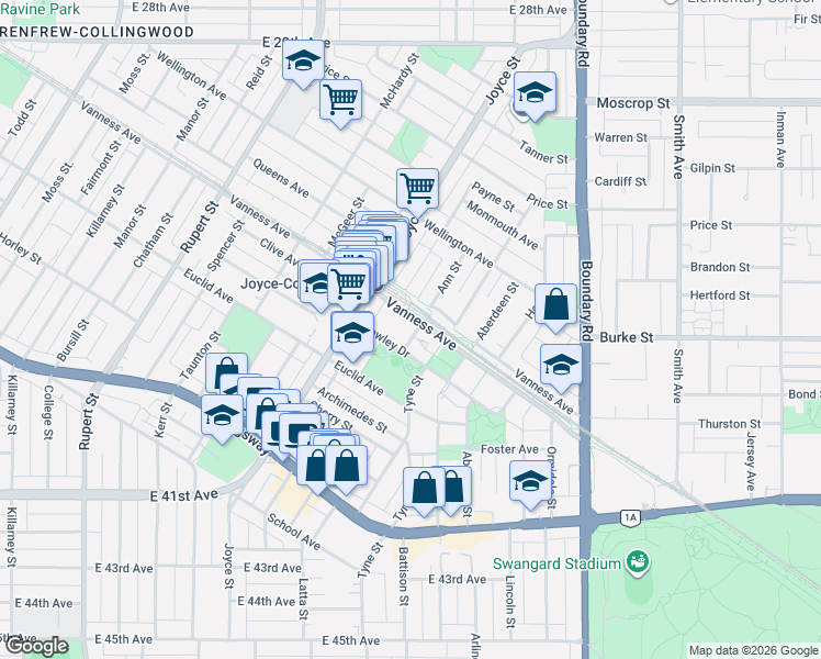 map of restaurants, bars, coffee shops, grocery stores, and more near 5189 Gaston Street in Vancouver