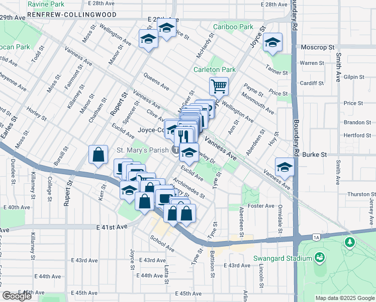 map of restaurants, bars, coffee shops, grocery stores, and more near 5228 Joyce Street in Vancouver