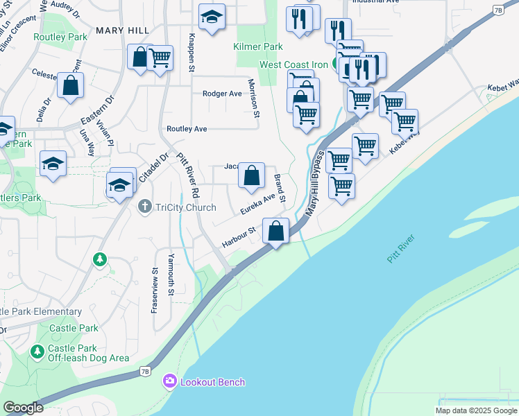 map of restaurants, bars, coffee shops, grocery stores, and more near 1838 Eureka Avenue in Port Coquitlam