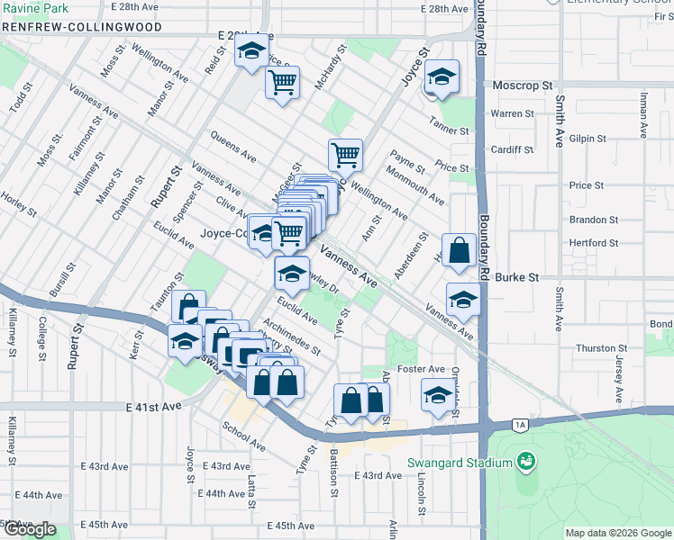 map of restaurants, bars, coffee shops, grocery stores, and more near 5189 Gaston Street in Vancouver