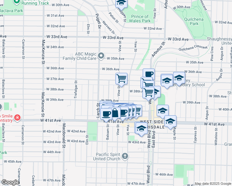 map of restaurants, bars, coffee shops, grocery stores, and more near 5411 Vine Street in Vancouver