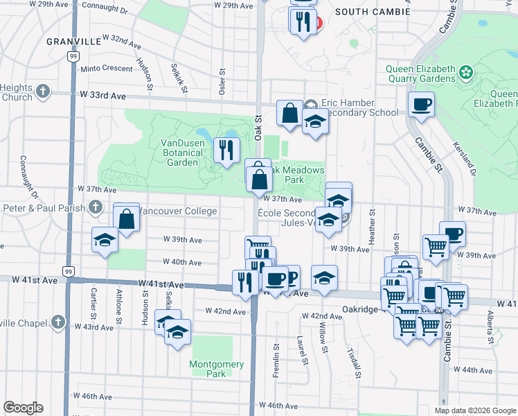 map of restaurants, bars, coffee shops, grocery stores, and more near 5326 Oak Street in Vancouver