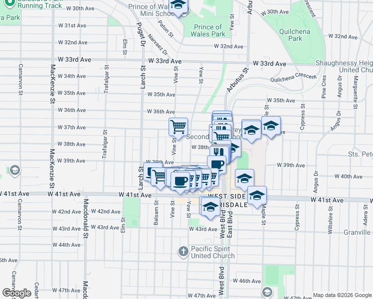 map of restaurants, bars, coffee shops, grocery stores, and more near 5425 Yew Street in Vancouver