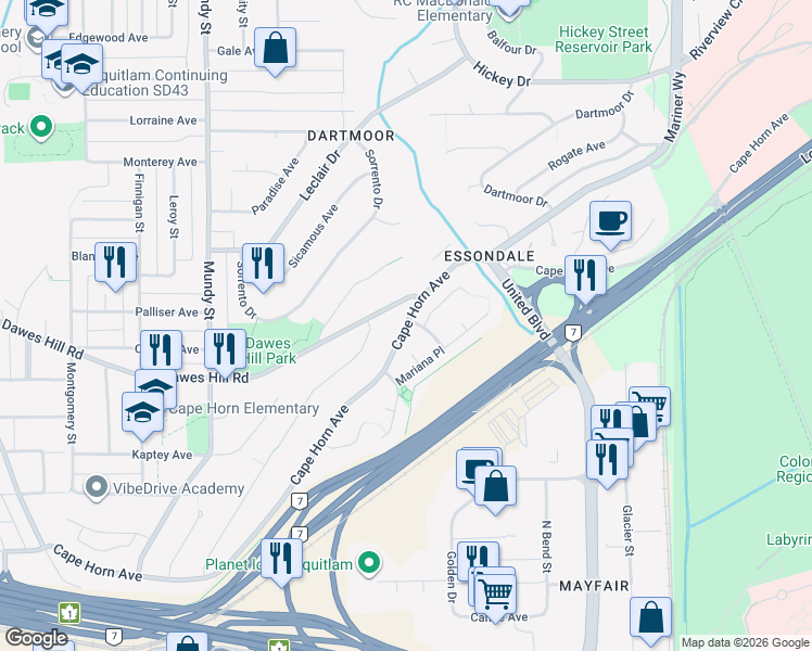 map of restaurants, bars, coffee shops, grocery stores, and more near Cape Horn Avenue in Coquitlam